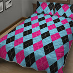 Blue Pink And Black Argyle Pattern Print Quilt Bed Set