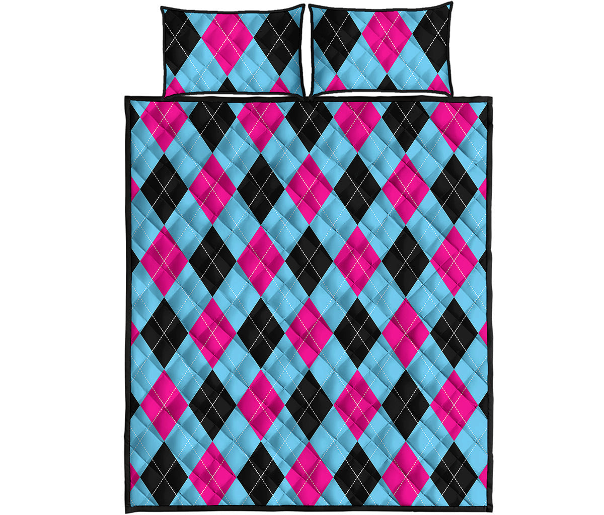 Blue Pink And Black Argyle Pattern Print Quilt Bed Set