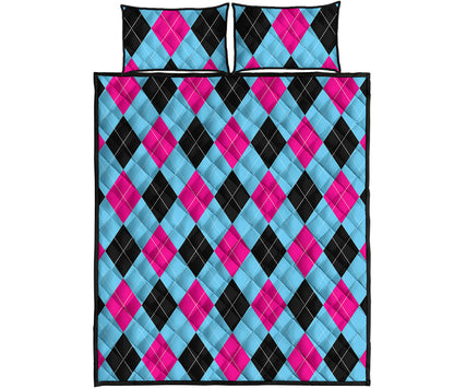 Blue Pink And Black Argyle Pattern Print Quilt Bed Set