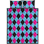 Blue Pink And Black Argyle Pattern Print Quilt Bed Set