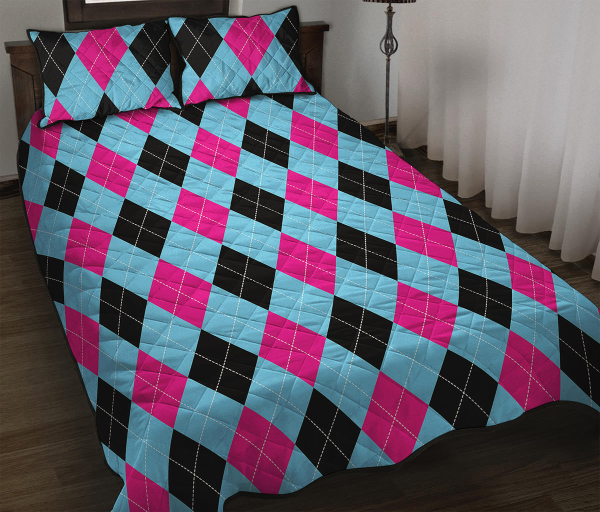 Blue Pink And Black Argyle Pattern Print Quilt Bed Set