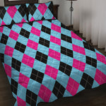 Blue Pink And Black Argyle Pattern Print Quilt Bed Set