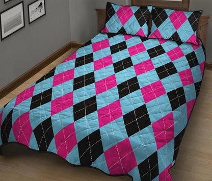 Blue Pink And Black Argyle Pattern Print Quilt Bed Set
