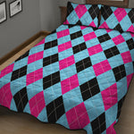 Blue Pink And Black Argyle Pattern Print Quilt Bed Set