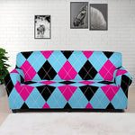 Blue Pink And Black Argyle Pattern Print Sofa Cover