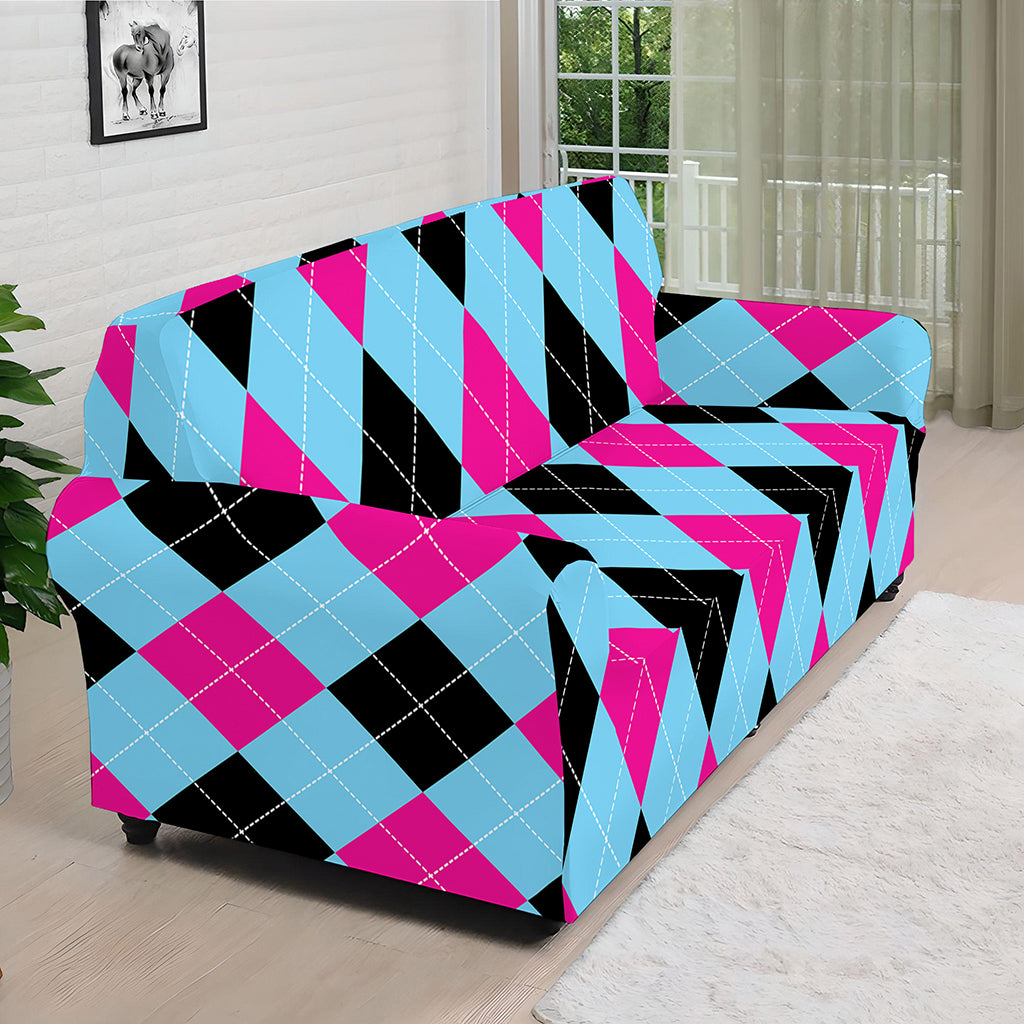 Blue Pink And Black Argyle Pattern Print Sofa Cover