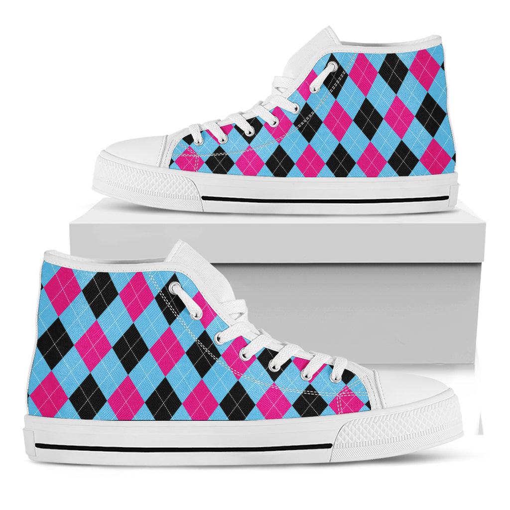 Blue Pink And Black Argyle Pattern Print White High Top Shoes