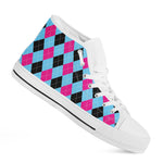 Blue Pink And Black Argyle Pattern Print White High Top Shoes