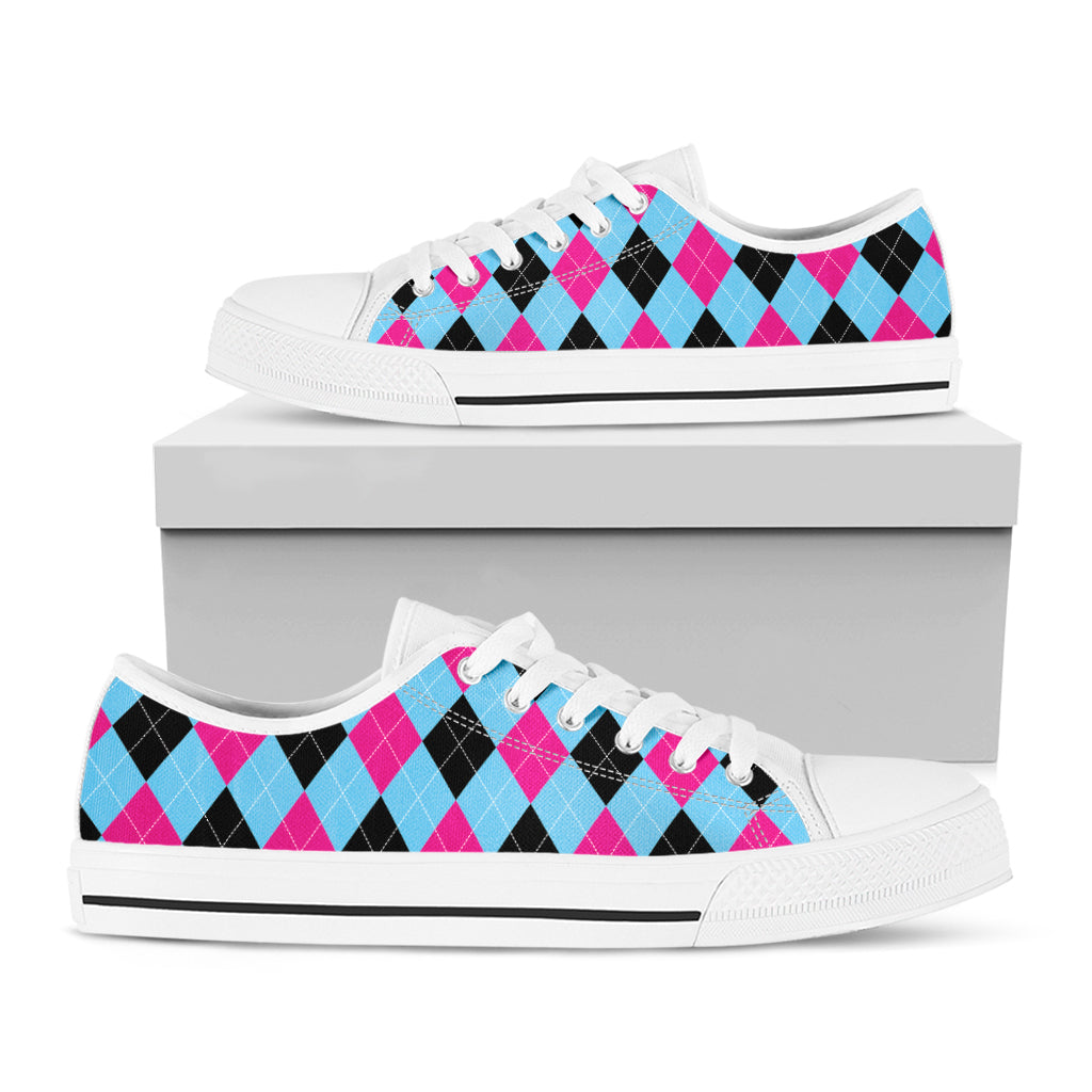 Blue Pink And Black Argyle Pattern Print White Low Top Shoes