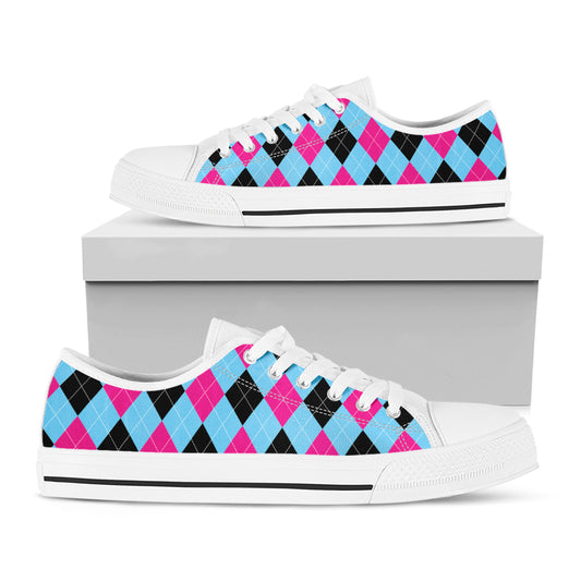 Blue Pink And Black Argyle Pattern Print White Low Top Shoes