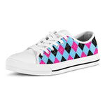 Blue Pink And Black Argyle Pattern Print White Low Top Shoes