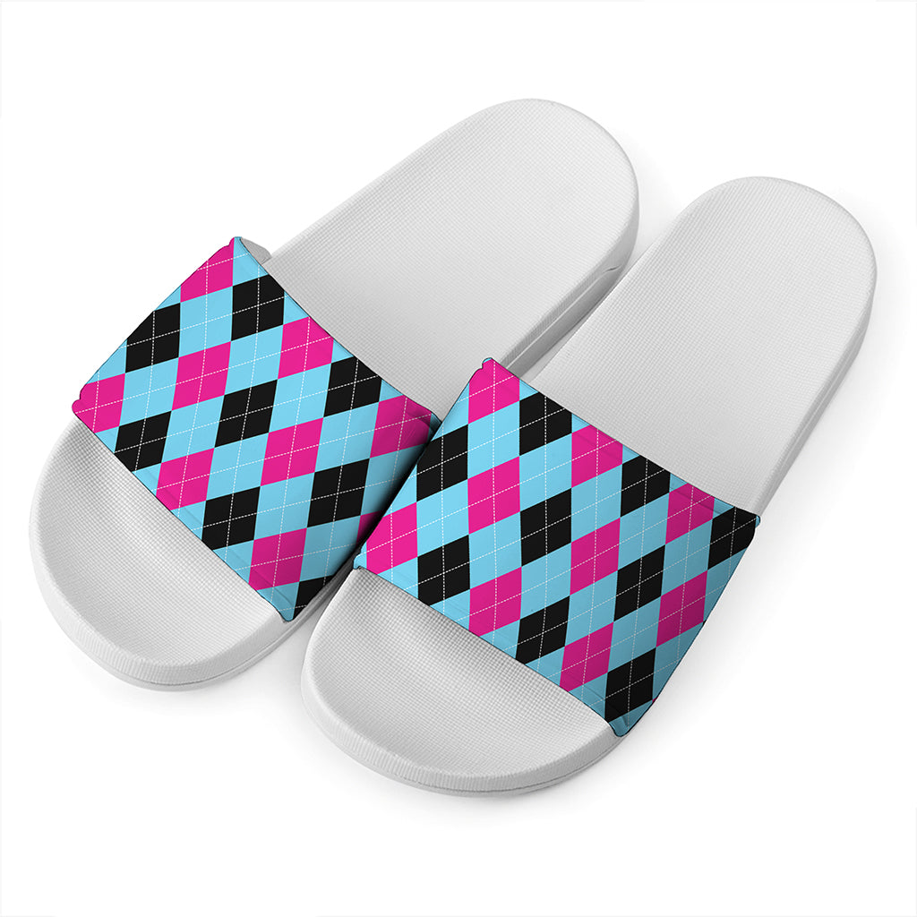 Blue Pink And Black Argyle Pattern Print White Slide Sandals