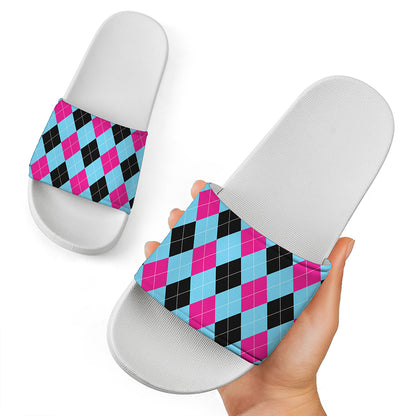Blue Pink And Black Argyle Pattern Print White Slide Sandals