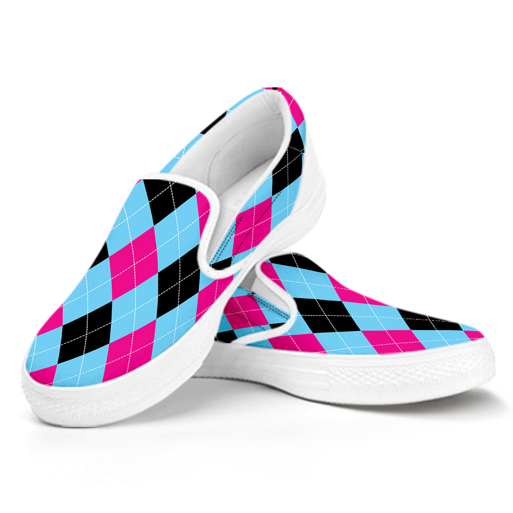 Blue Pink And Black Argyle Pattern Print White Slip On Shoes
