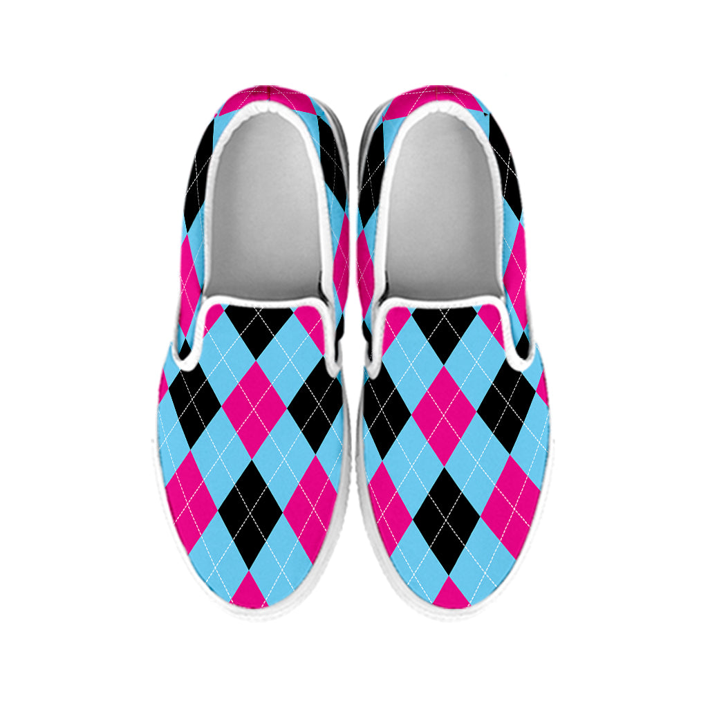 Blue Pink And Black Argyle Pattern Print White Slip On Shoes