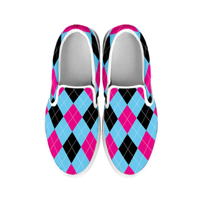 Blue Pink And Black Argyle Pattern Print White Slip On Shoes