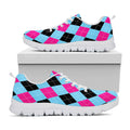 Blue Pink And Black Argyle Pattern Print White Running Shoes