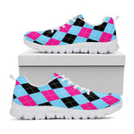 Blue Pink And Black Argyle Pattern Print White Sneakers