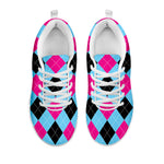 Blue Pink And Black Argyle Pattern Print White Sneakers