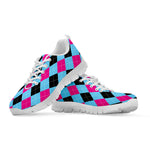 Blue Pink And Black Argyle Pattern Print White Sneakers