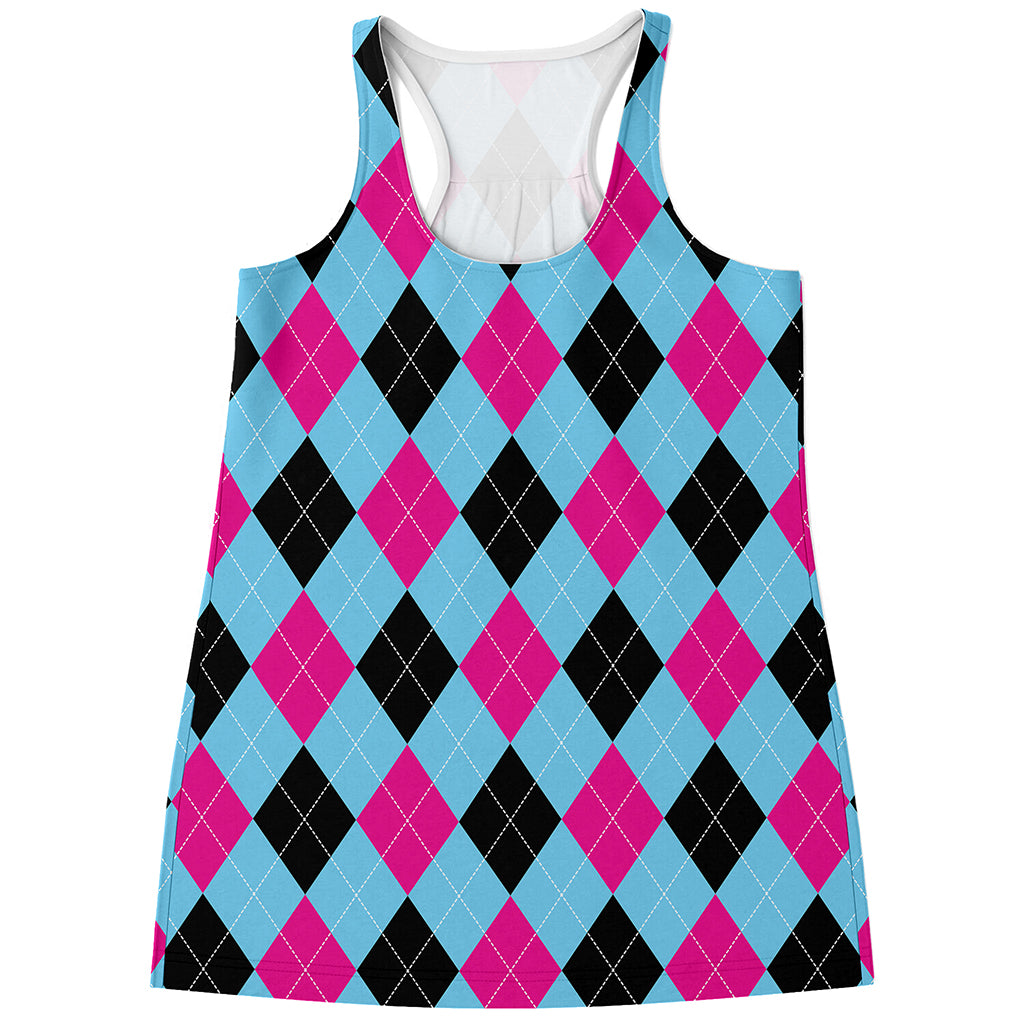 Blue Pink And Black Argyle Pattern Print Women's Racerback Tank Top