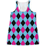 Blue Pink And Black Argyle Pattern Print Women's Racerback Tank Top