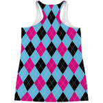 Blue Pink And Black Argyle Pattern Print Women's Racerback Tank Top