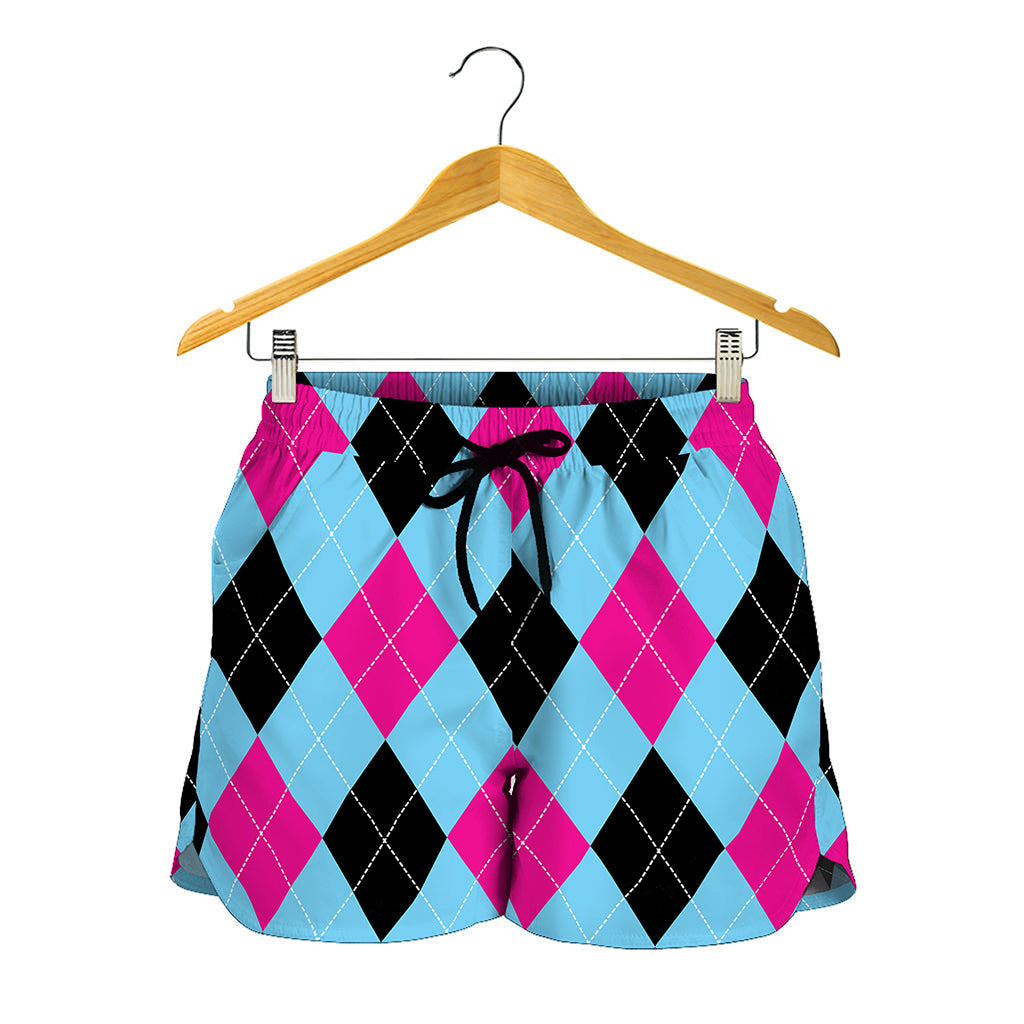Blue Pink And Black Argyle Pattern Print Women's Shorts