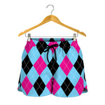 Blue Pink And Black Argyle Pattern Print Women's Shorts