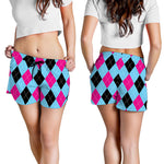 Blue Pink And Black Argyle Pattern Print Women's Shorts