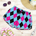 Blue Pink And Black Argyle Pattern Print Women's Shorts
