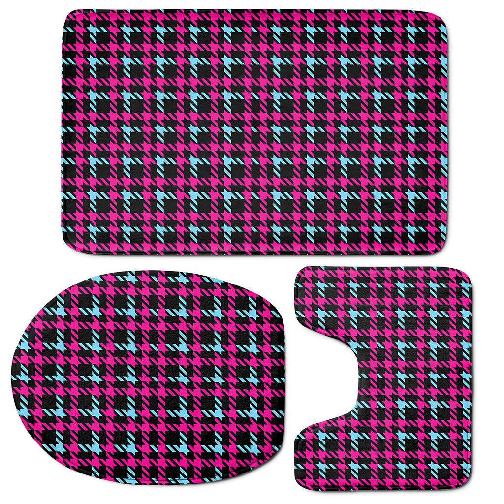 Blue Pink And Black Houndstooth Print 3 Piece Bath Mat Set