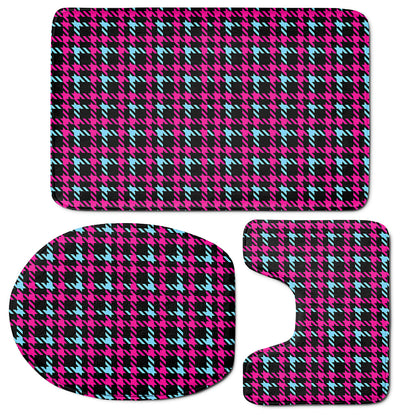 Blue Pink And Black Houndstooth Print 3 Piece Bath Mat Set