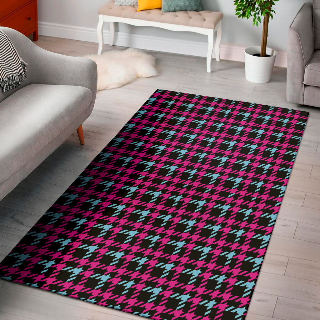 Blue Pink And Black Houndstooth Print Area Rug