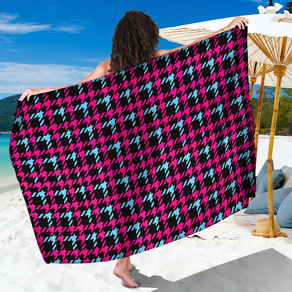 Blue Pink And Black Houndstooth Print Beach Sarong Wrap