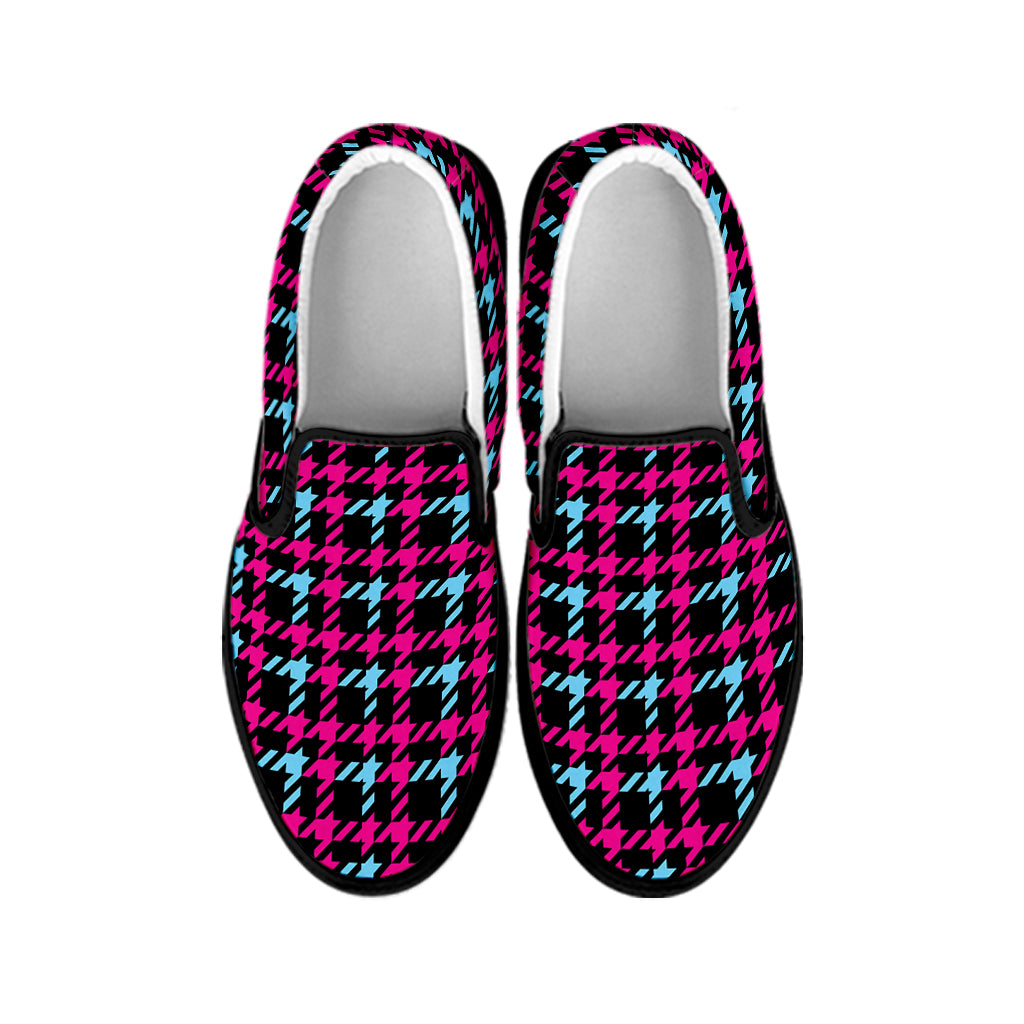 Blue Pink And Black Houndstooth Print Black Slip On Shoes