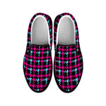 Blue Pink And Black Houndstooth Print Black Slip On Shoes