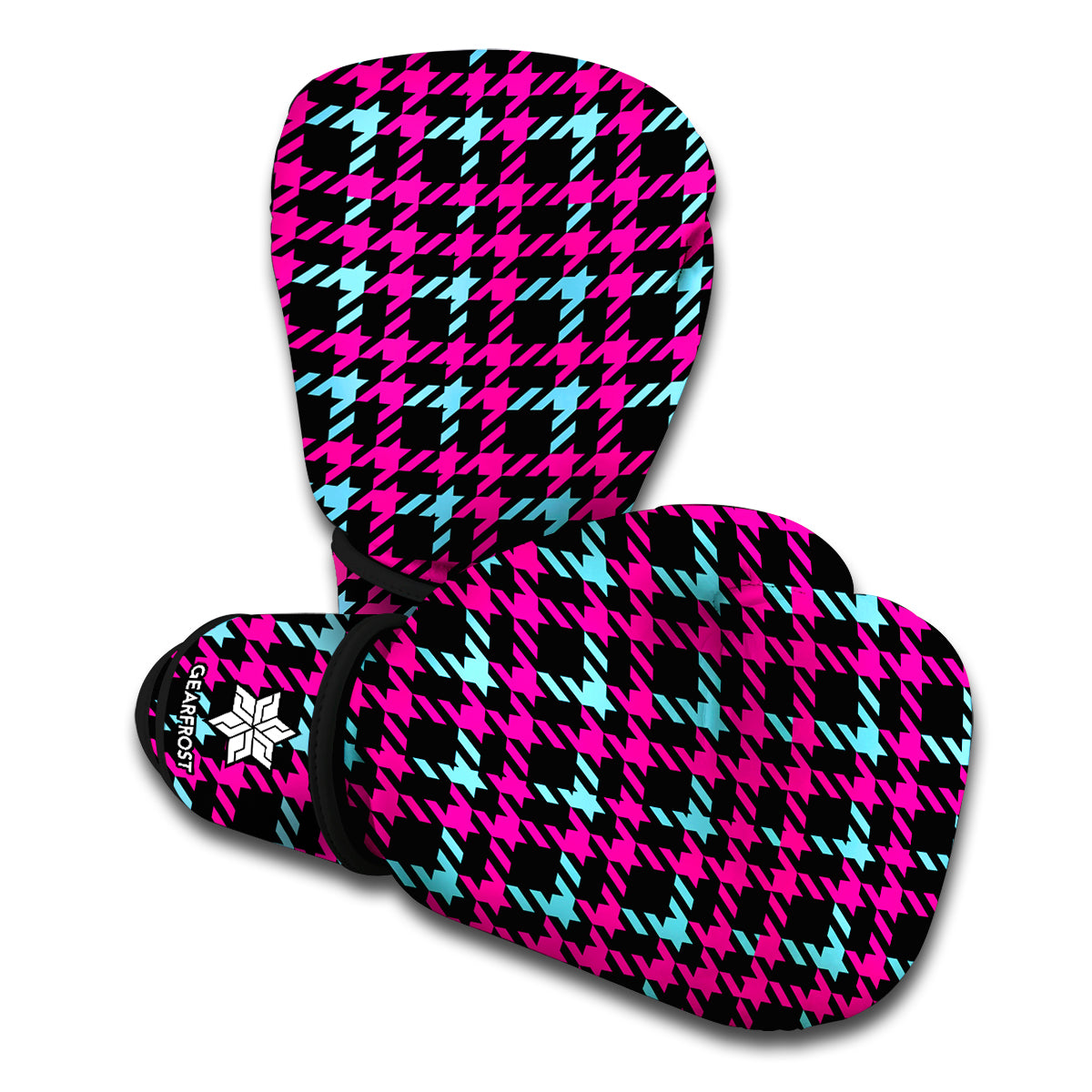 Blue Pink And Black Houndstooth Print Boxing Gloves