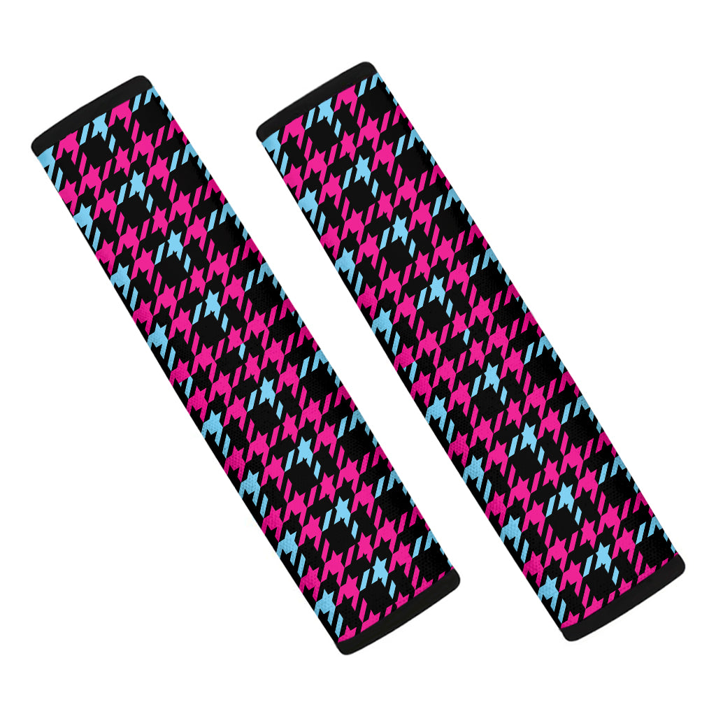 Blue Pink And Black Houndstooth Print Car Seat Belt Covers