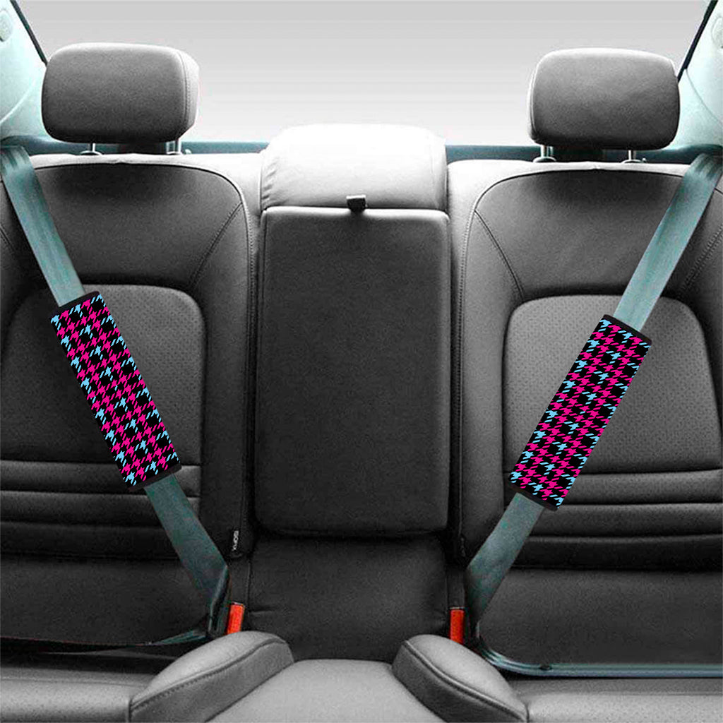 Blue Pink And Black Houndstooth Print Car Seat Belt Covers