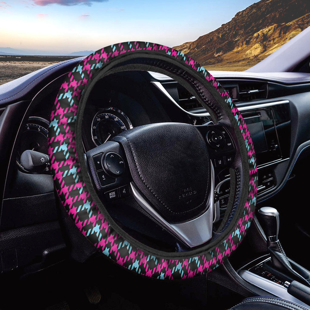 Blue Pink And Black Houndstooth Print Car Steering Wheel Cover