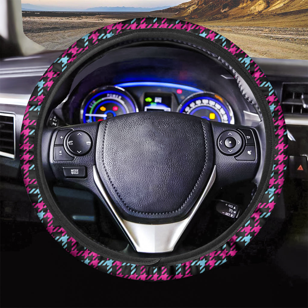 Blue Pink And Black Houndstooth Print Car Steering Wheel Cover