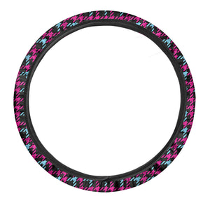 Blue Pink And Black Houndstooth Print Car Steering Wheel Cover