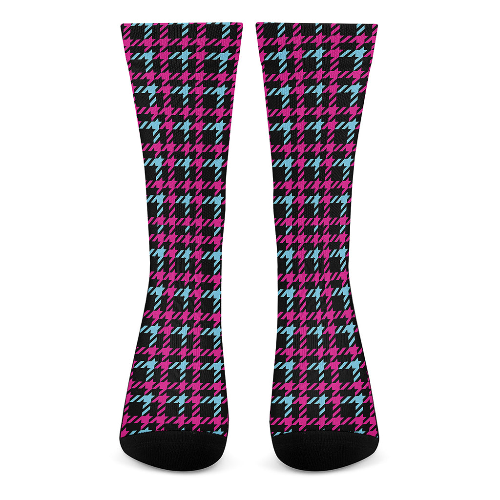 Blue Pink And Black Houndstooth Print Crew Socks