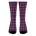 Blue Pink And Black Houndstooth Print Crew Socks