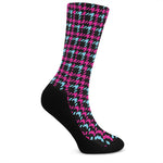 Blue Pink And Black Houndstooth Print Crew Socks