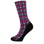 Blue Pink And Black Houndstooth Print Crew Socks