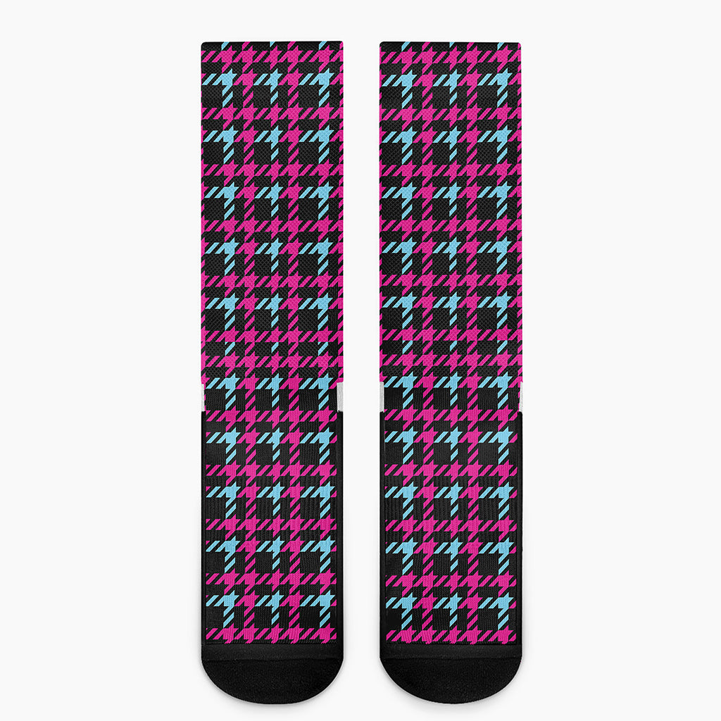 Blue Pink And Black Houndstooth Print Crew Socks