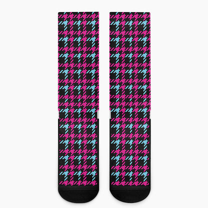 Blue Pink And Black Houndstooth Print Crew Socks