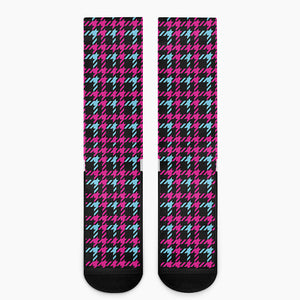 Blue Pink And Black Houndstooth Print Crew Socks